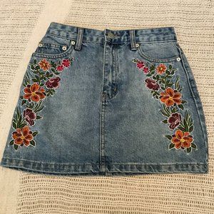Floral Embroidered Mini Jean Skirt